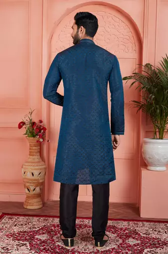 blue jaqurd silk brocade kurta churidar