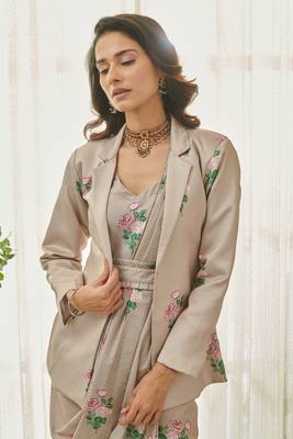 Mocha brown polka dot saree dress & blazer 6