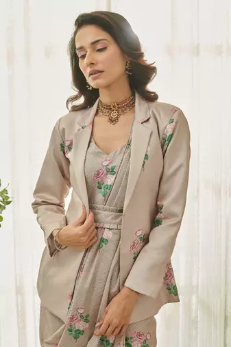 Mocha brown polka dot saree dress & blazer