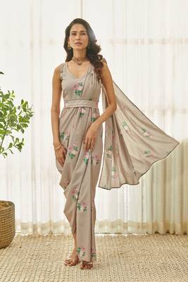 Mocha brown polka dot saree dress & blazer 7