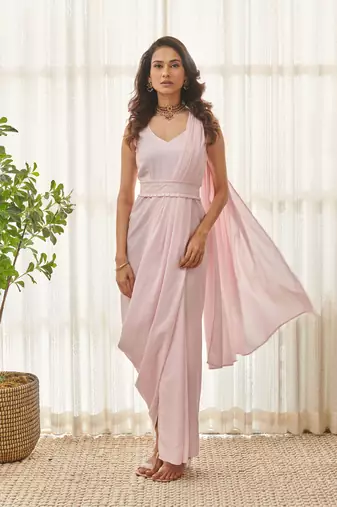 Sweet pink polka dot saree dress & blazer