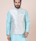 Ccotton blend leaf embelished design blue nehru jacket for men | wedding and party season