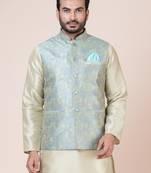 Ccotton blend abstract patnch design multi green nehru jacket for men | wedding and party season