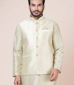 Ccotton blend leaf embelished design cream nehru jacket for men | wedding and party season