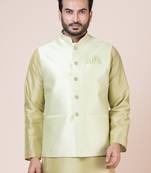 Ccotton blend seamless abstract design pista green nehru jacket for men | wedding and party season