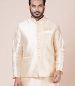 Ccotton blend leaf embelished design cream nehru jacket for men | wedding and party season