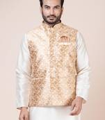 Ccotton blend floral printed brown touch beige nehru jacket for men | wedding and party season