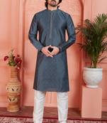 Dark gray jaqurd silk brocade kurta