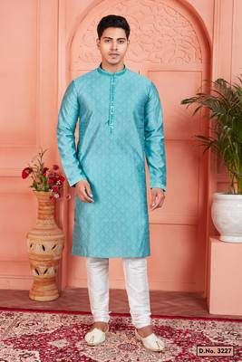 blue jaqurd silk brocade kurta churidar 1