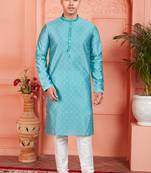 Blue jaqurd silk brocade kurta