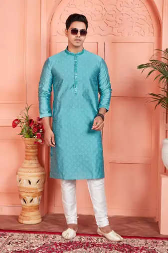 blue jaqurd silk brocade kurta churidar