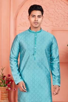 blue jaqurd silk brocade kurta churidar 3