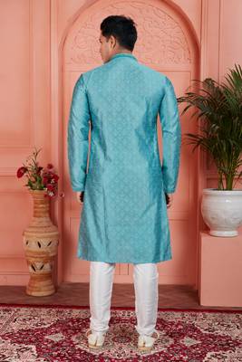 blue jaqurd silk brocade kurta churidar 4