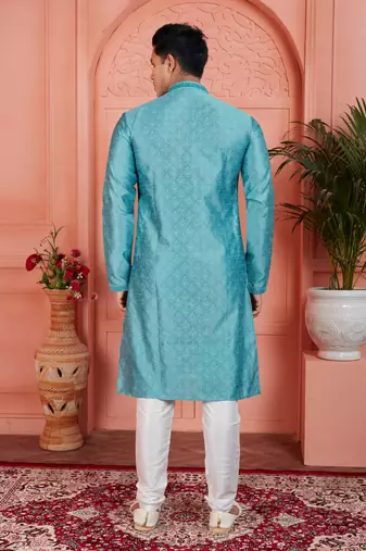 blue jaqurd silk brocade kurta churidar