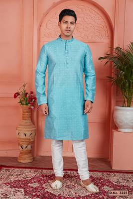blue jaqurd silk brocade kurta churidar 1