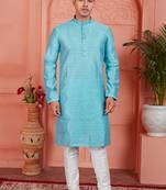 Blue jaqurd silk brocade kurta