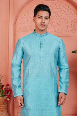 blue jaqurd silk brocade kurta churidar 3