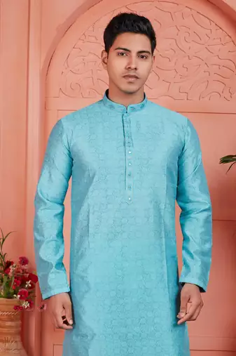 blue jaqurd silk brocade kurta churidar
