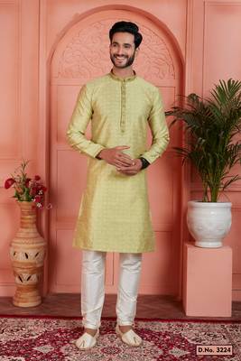 yellow jaqurd silk brocade kurta churidar 1