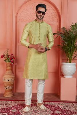 yellow jaqurd silk brocade kurta churidar 2
