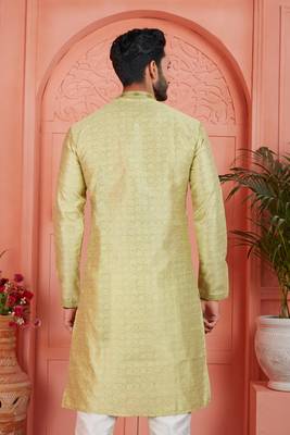 yellow jaqurd silk brocade kurta churidar 4