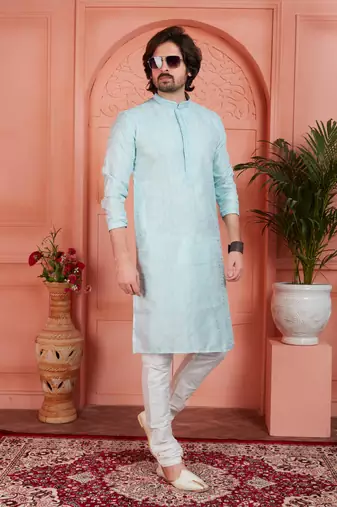 sky blue jaqurd silk brocade kurta churidar
