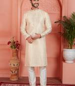 Cream jaqurd silk brocade kurta