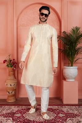 cream jaqurd silk brocade kurta churidar 2
