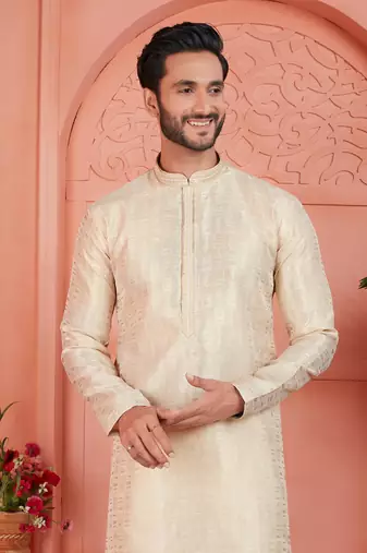 cream jaqurd silk brocade kurta churidar
