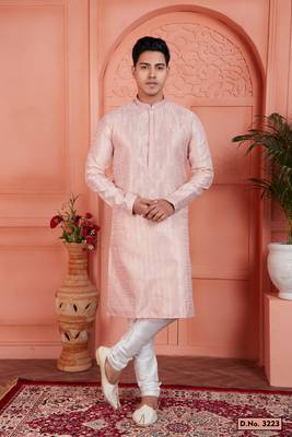 peach jaqurd silk brocade kurta churidar 1