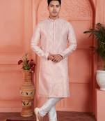 Peach jaqurd silk brocade kurta
