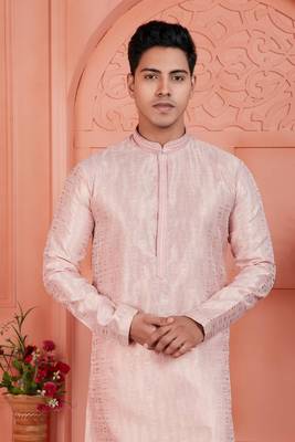 peach jaqurd silk brocade kurta churidar 3