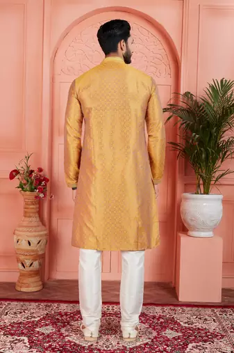 mustard jaqurd silk brocade kurta churidar