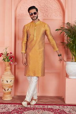 mustard jaqurd silk brocade kurta churidar 1