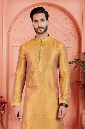 mustard jaqurd silk brocade kurta churidar
