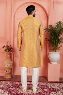 mustard jaqurd silk brocade kurta churidar 4