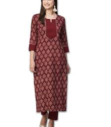 Maroon cotton blend casual printed straight kurta pant set