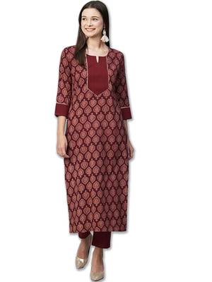 Maroon cotton blend casual printed straight kurta pant set 2