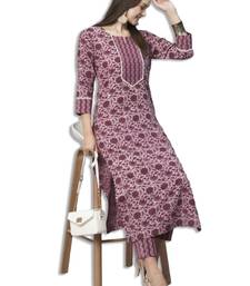 Mauve cotton blend casual printed straight kurta pant set