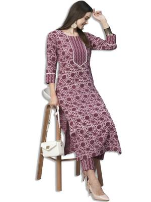 Mauve cotton blend casual printed straight kurta pant set 2