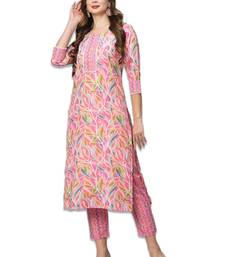 Pink cotton blend casual printed straight kurta pant set