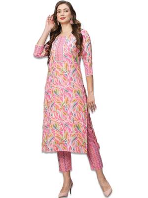Pink cotton blend casual printed straight kurta pant set 2