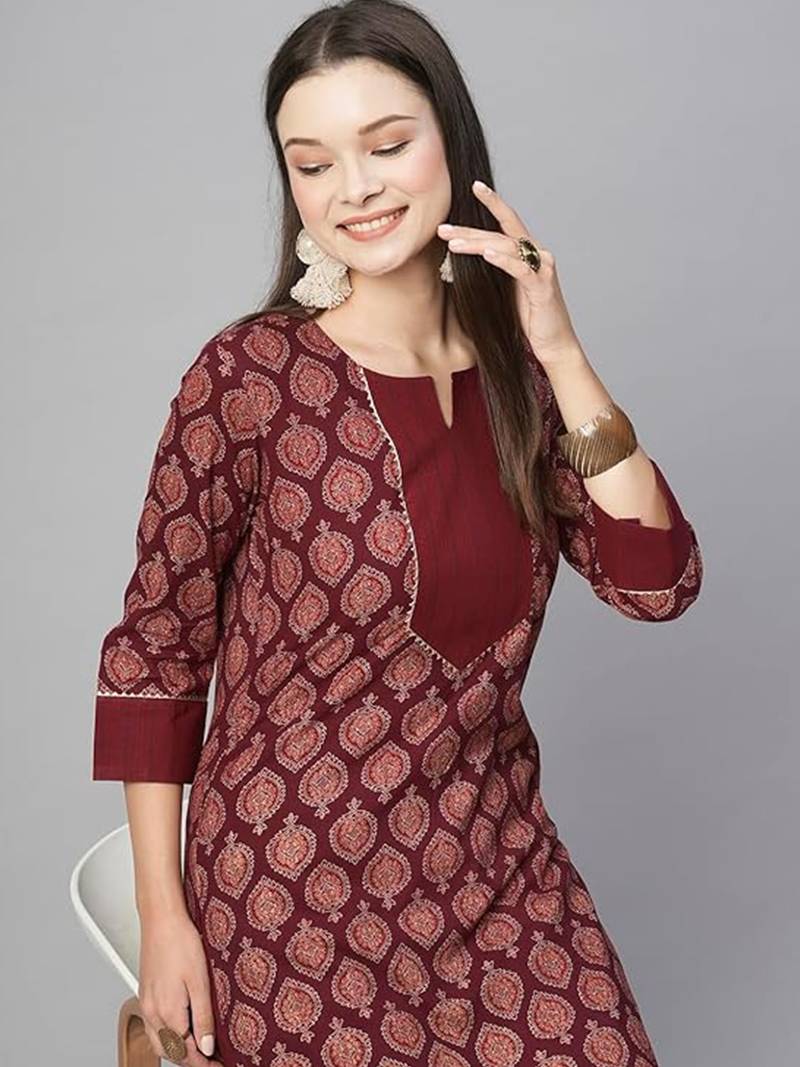 Maroon cotton blend casual printed straight kurta pant set