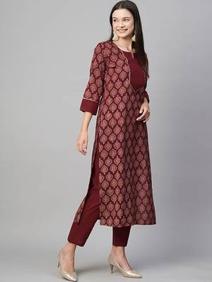 Maroon cotton blend casual printed straight kurta pant set 4
