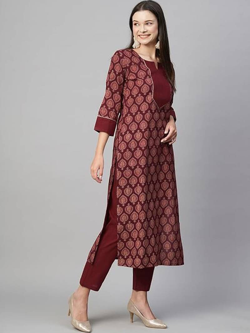 Maroon cotton blend casual printed straight kurta pant set