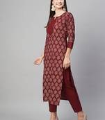 Maroon cotton blend casual printed straight kurta pant set