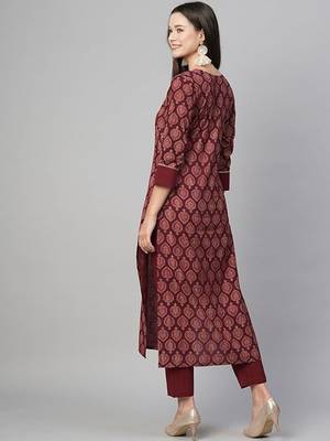 Maroon cotton blend casual printed straight kurta pant set 5
