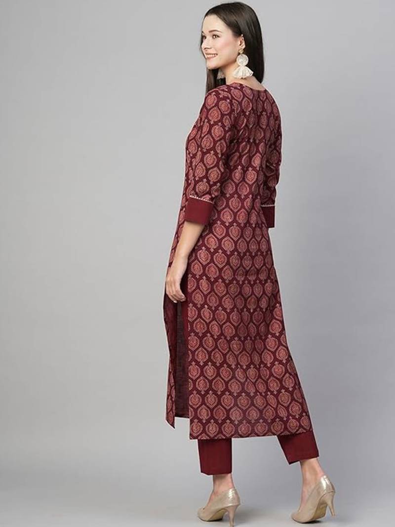 Maroon cotton blend casual printed straight kurta pant set