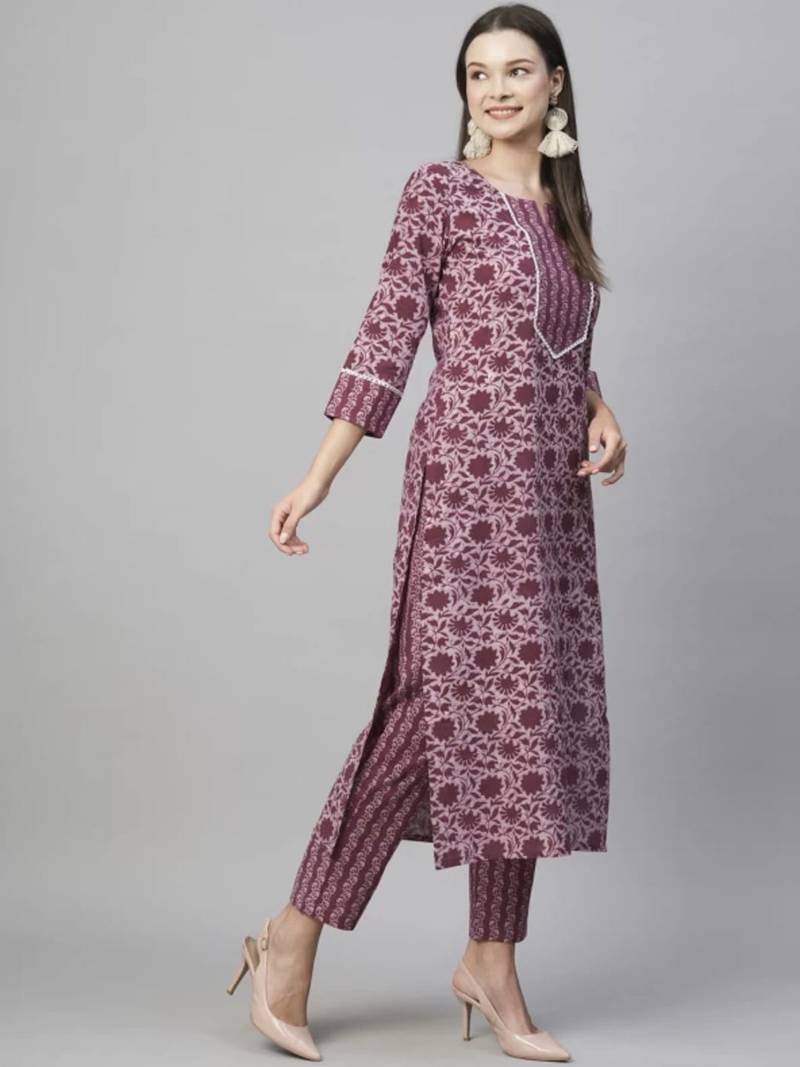 Mauve cotton blend casual printed straight kurta pant set