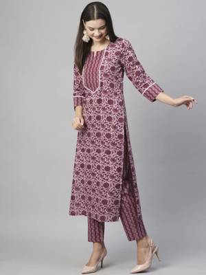 Mauve cotton blend casual printed straight kurta pant set 1